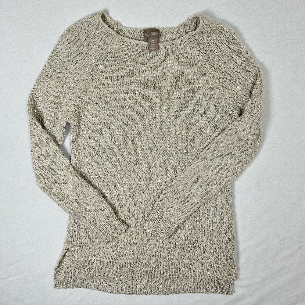 Chico's Sequined Sweater Women Size 0 Beige Knit High Low Slit